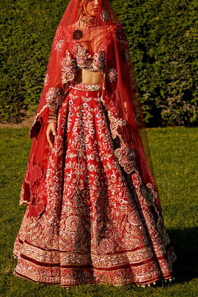 Crimson red floral embroidered lehenga set