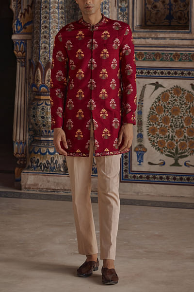 Crimson red floral printed achkan set