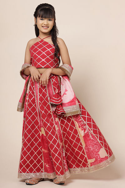 Crimson red gota work printed lehenga set