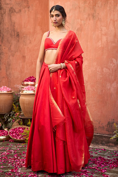 Crimson red handwoven silk lehenga set
