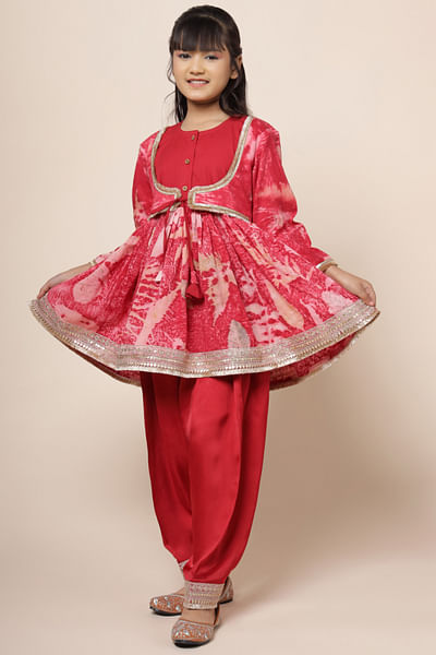 Crimson red leaf print short jacket anarkali set