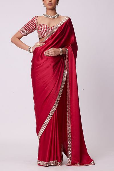 Crimson red mirror embroidered sari set