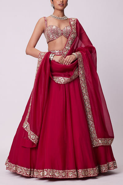 Crimson red mirror embroidery lehenga set