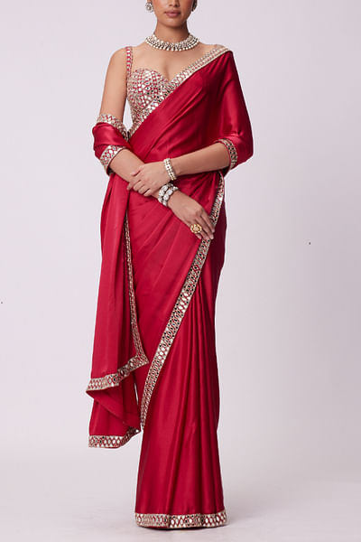 Crimson red mirror embroidery sari set