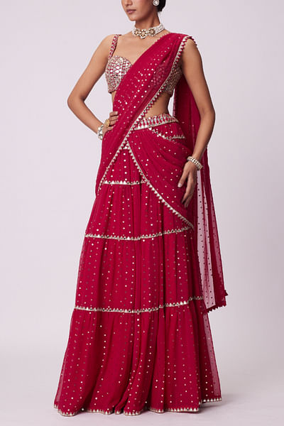 Crimson red mirror tiered lehenga sari set