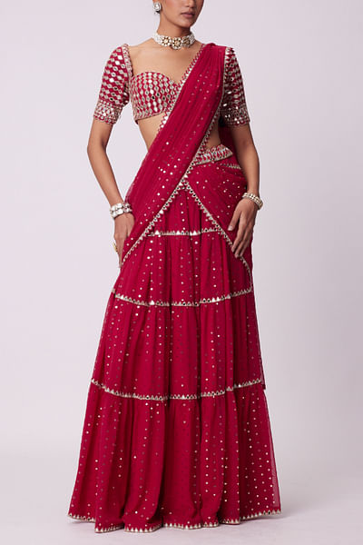 Crimson red mirror work tiered lehenga sari set