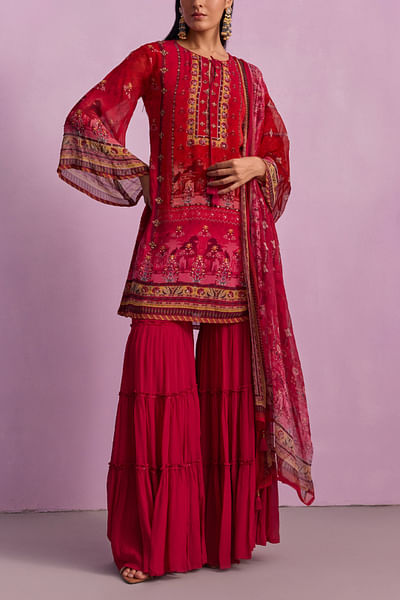 Crimson red printed kurta tiered gharara set