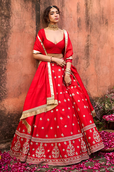 Crimson red sequin embroidered lehenga set
