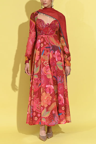 Crimson red tropical print anarkali set