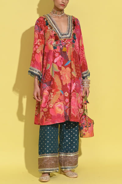 Crimson red tropical print kurta set