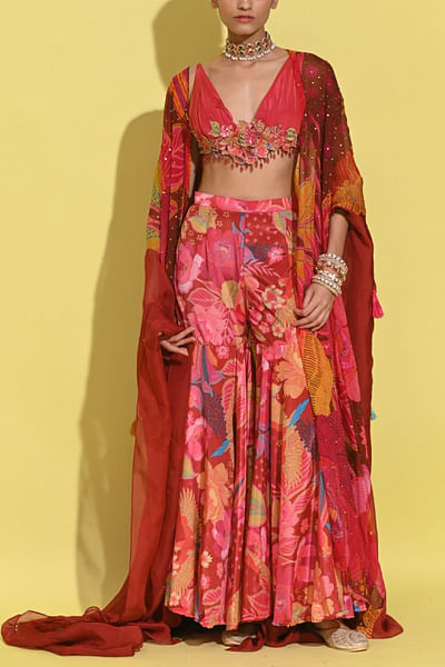 Crimson red tropical print lehenga set
