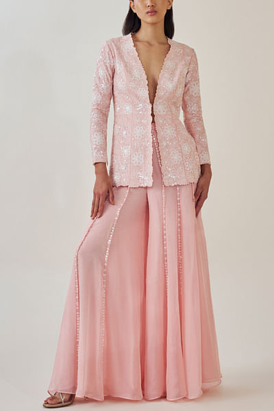 Crystal rose embroidered jacket sharara set