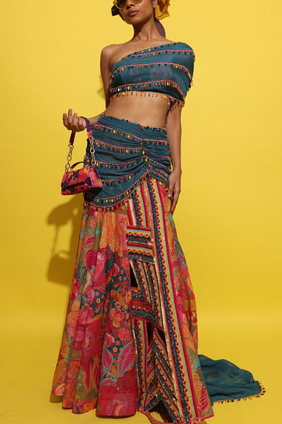 Cyan blue and olive embroidered lehenga set