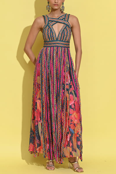 Cyan blue and pink dress with pants