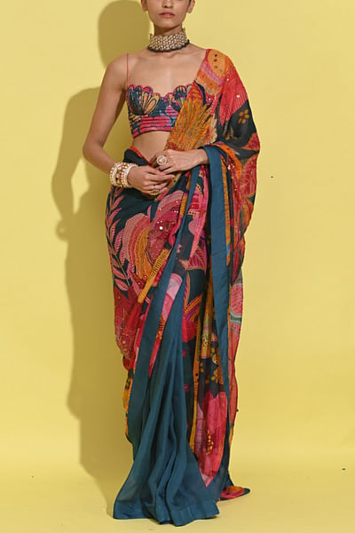 Cyan blue embellished organza sari set