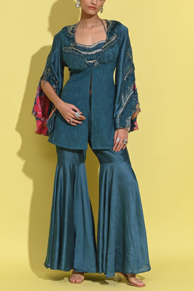 Cyan blue embroidered fringed co-ord set