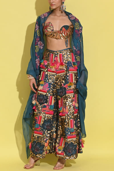 Cyan blue embroidered raw silk cape set