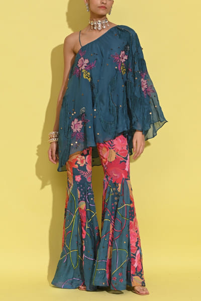 Cyan blue fringed cape and gharara