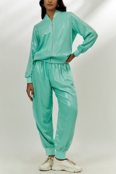 Cyan blue sequin embellished co-ords