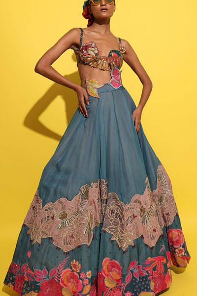Cyan blue tropical patchwork lehenga set