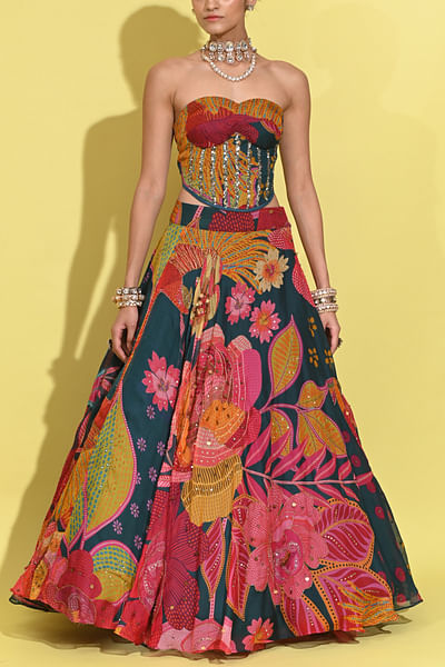 Cyan blue tropical print corset top and skirt