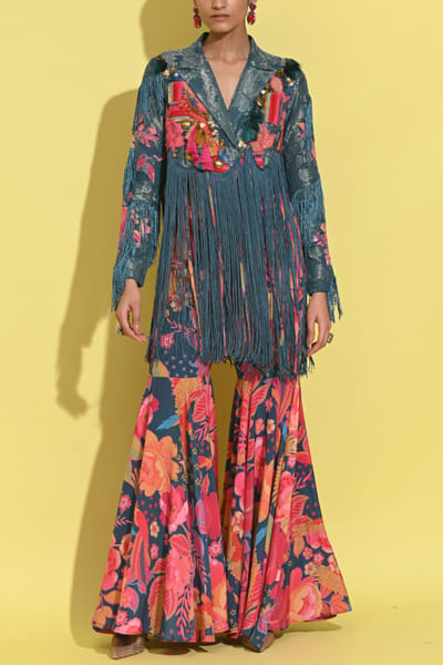 Cyan blue tropical print fringed jacket set