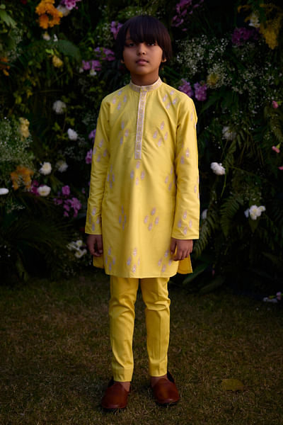 Dandelion yellow floral embroidery kurta set