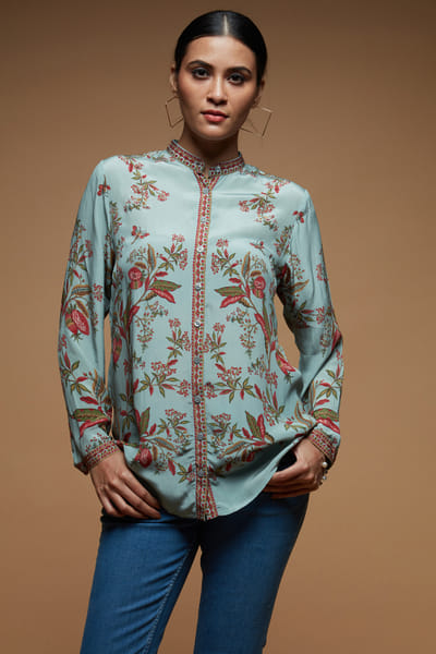 Dark aqua rhinestone embroidered top