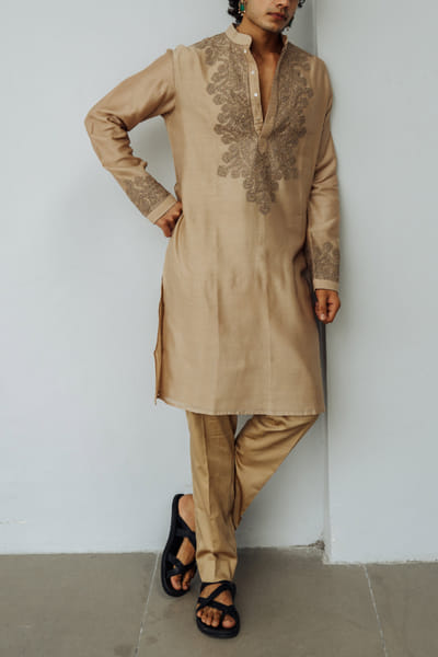Wabi Sabi Dark beige floral dori embroidery kurta set WSBMAY24D2106