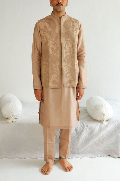 Dark beige paisley embroidered bandi kurta set