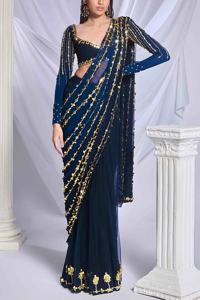 Dark blue embellished pre-stitched sari set