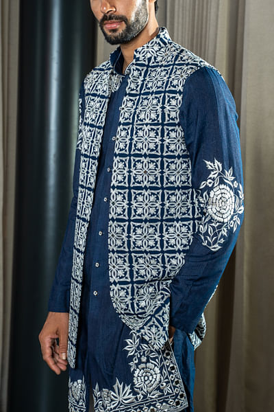 Dark blue mirror embroidered jacket kurta set