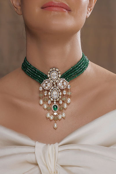 Dark green bead embellished necklace