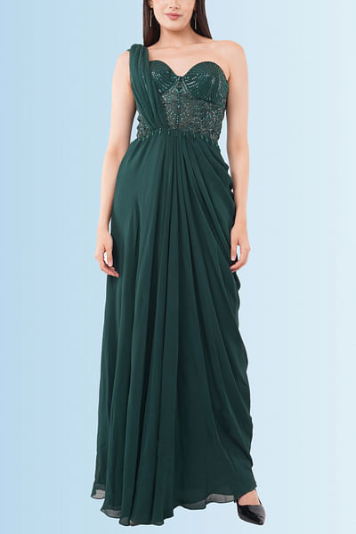 Dark green corset sari gown