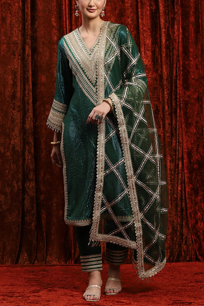 Dark green dori embroidered kurta set