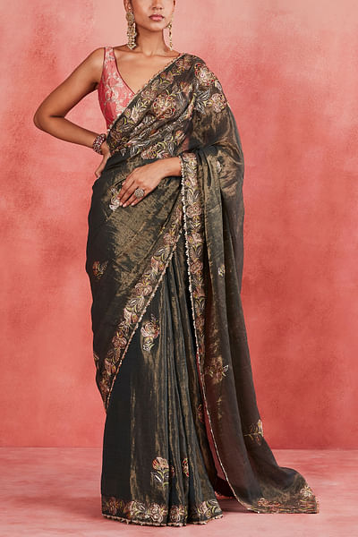 Dark green floral aari embroidered sari set