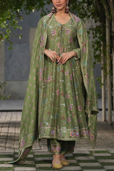 Dark green floral embroidered kalidar kurta set