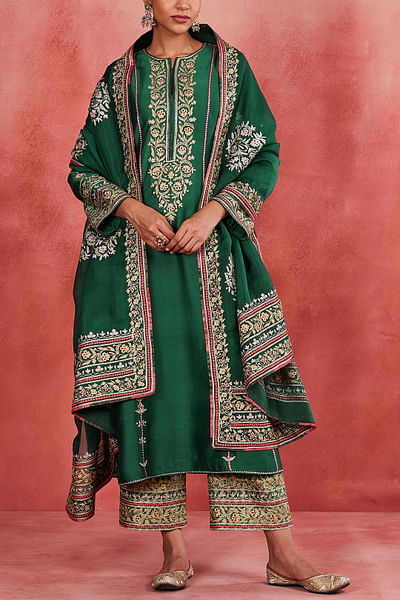 Dark green floral embroidered kurta set