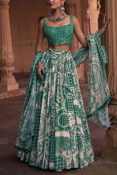 Dark green floral printed lehenga set