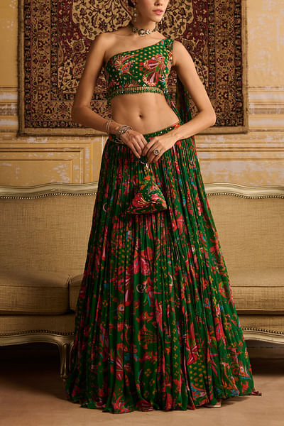 Dark green floral printed lehenga set