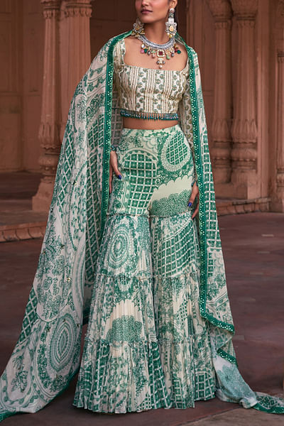 Dark green floral printed tiered gharara set