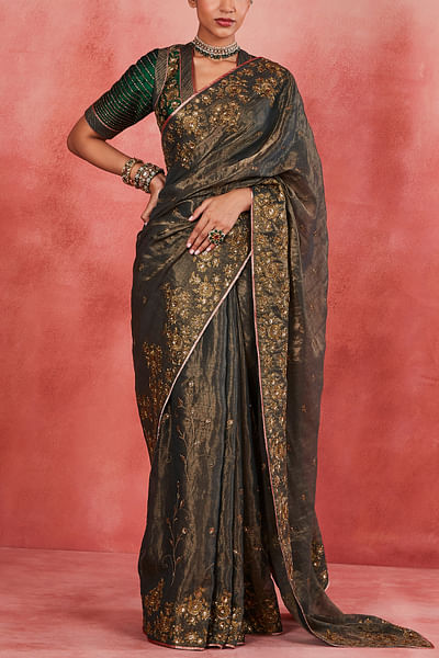 Dark green floral zari embroidered sari set
