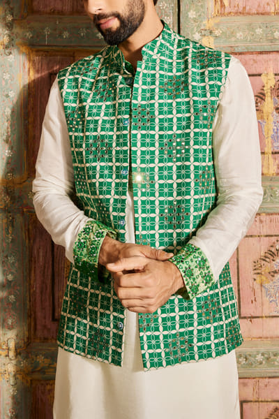 DiyaRajvvir Dark green leaf grid printed bandi kurta set DIYJUN24D301