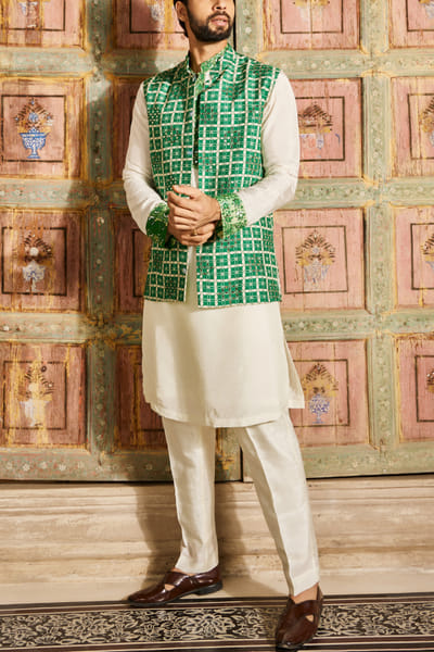 DiyaRajvvir Dark green leaf grid printed bandi kurta set DIYJUN24D301