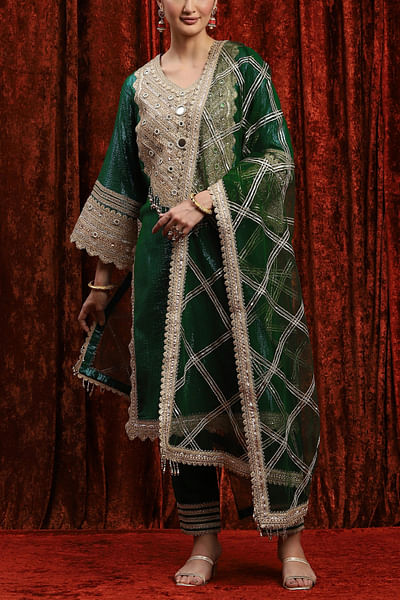 Dark green mirror embroidered kurta set