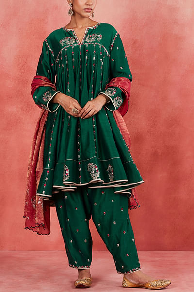 Dark green paisley embroidery short anarkali set