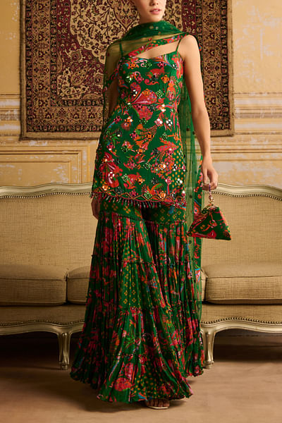 Dark green printed gharara set