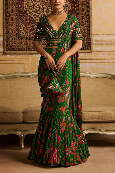 Dark green printed mermaid sari set