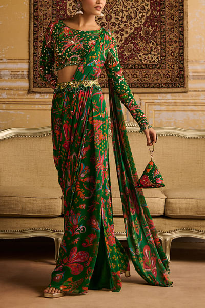 Dark green printed pant sari set