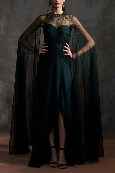 Dark green ruched chiffon gown
